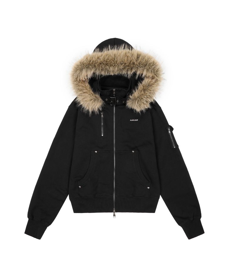 High Neck Fur Hoodie Zip-Up (Black)