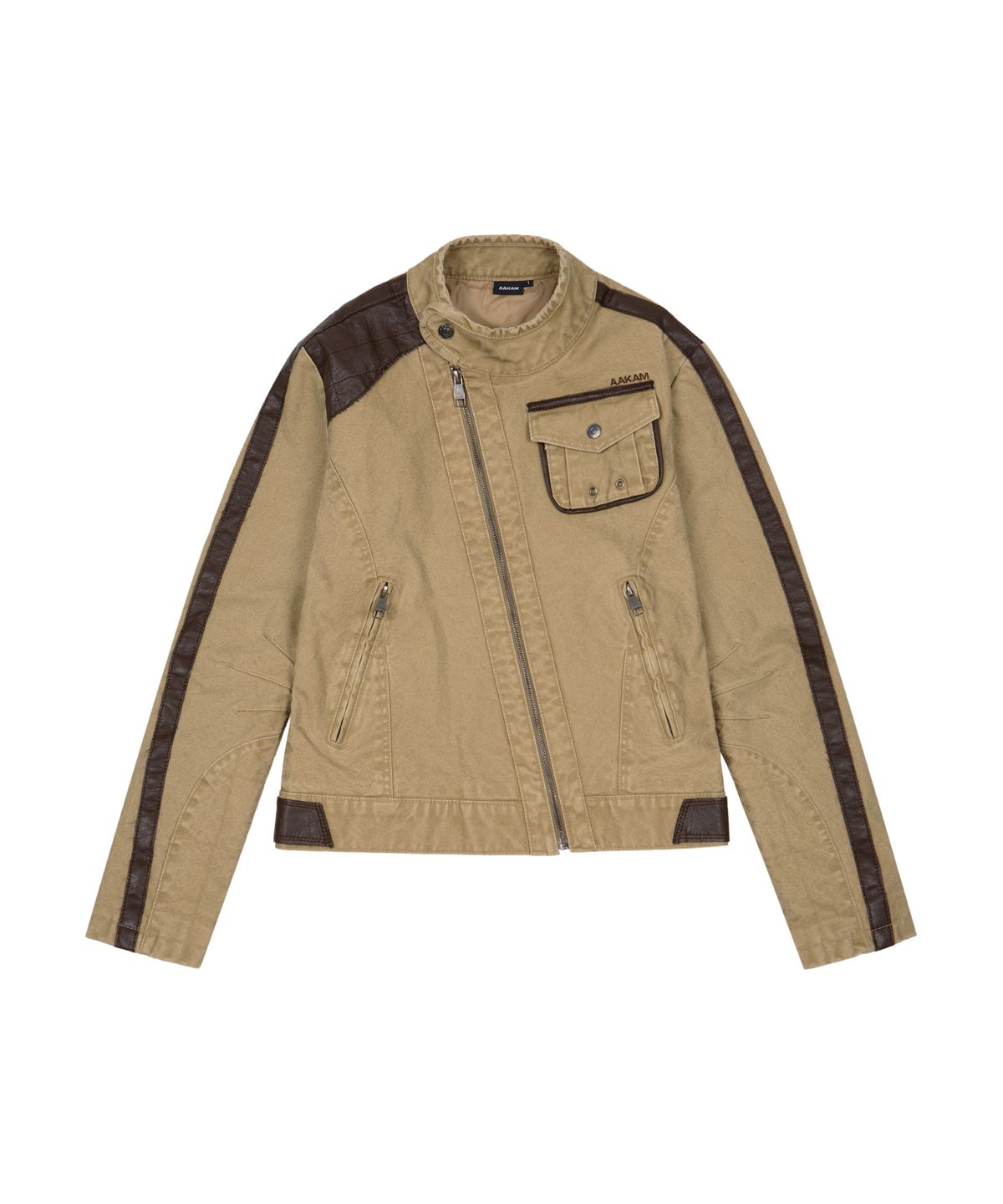 아캄(AAKAM) Slant Leather Patch Jacket (Beige)