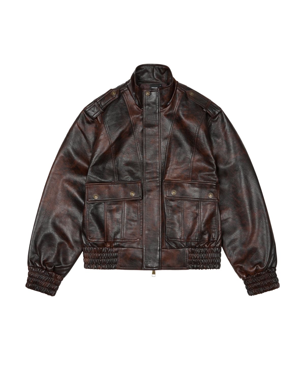아캄(AAKAM) Epaulet High Neck Leather Jacket (Brown)