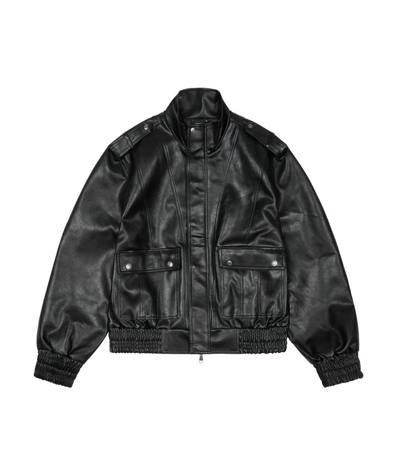 Epaulet High Neck Leather Jacket (Black)