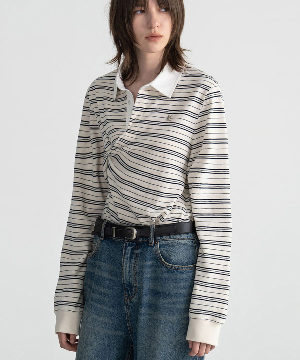 노이스(NOICE) PIQUE STRIPED TWIST POLO SHIRT - IVORY