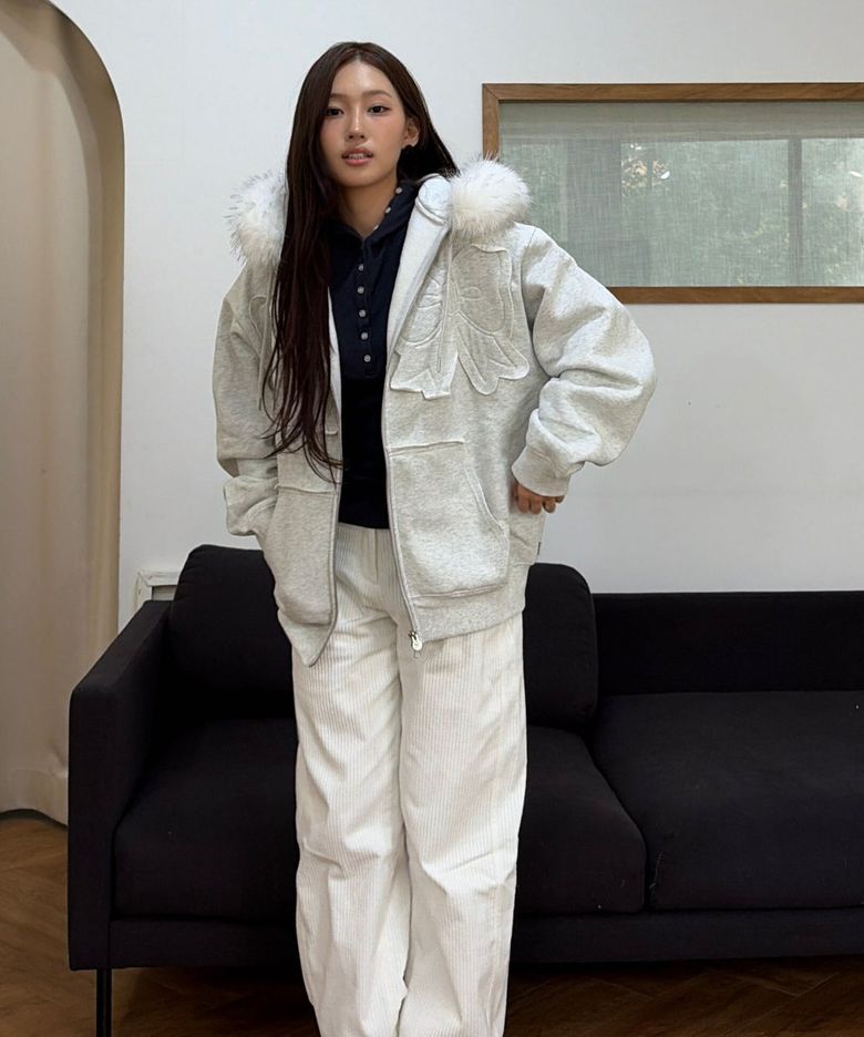 [츄르희 PICK] FUR TRIMMED RIBBON HOOD ZIP-UP_LIGHT GREY