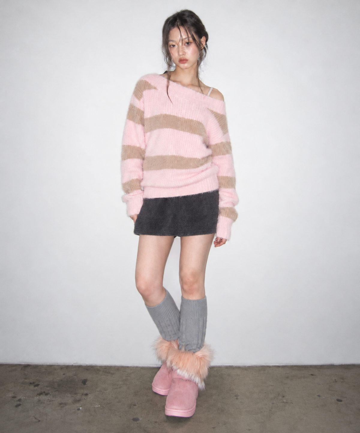 유희(YOUHEE) HAIRY STRIPE LOOSE FIT KNIT_PINK