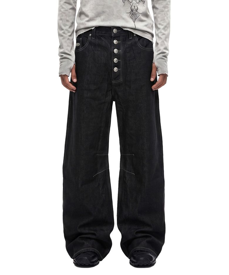 0509 Button Fly Curved Fit Pants - Black Denim