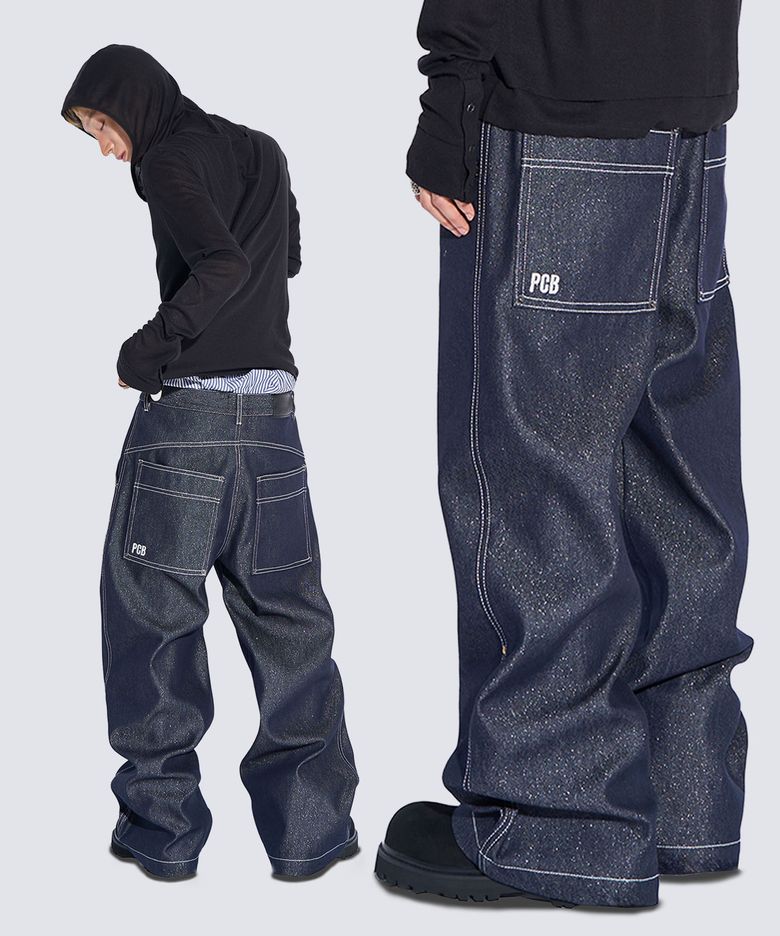 SILVER THREAD STITCH SAGGING PANTS (SILVER INDIGO)