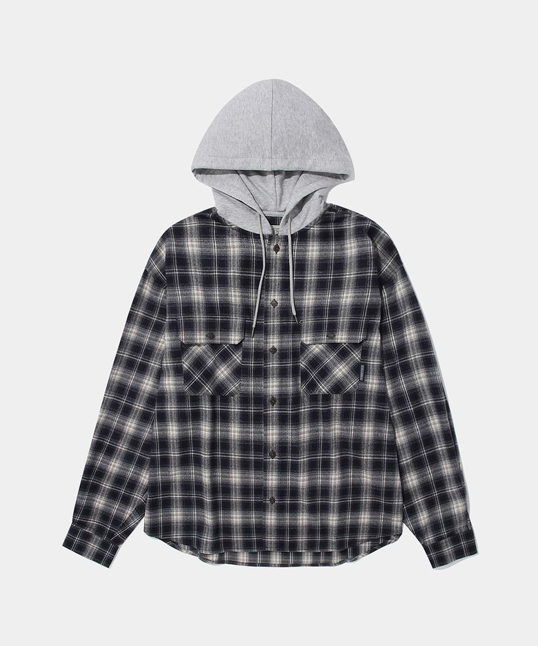 FLANNEL CHECK LAYERED HOOD SHIRT_NAVY