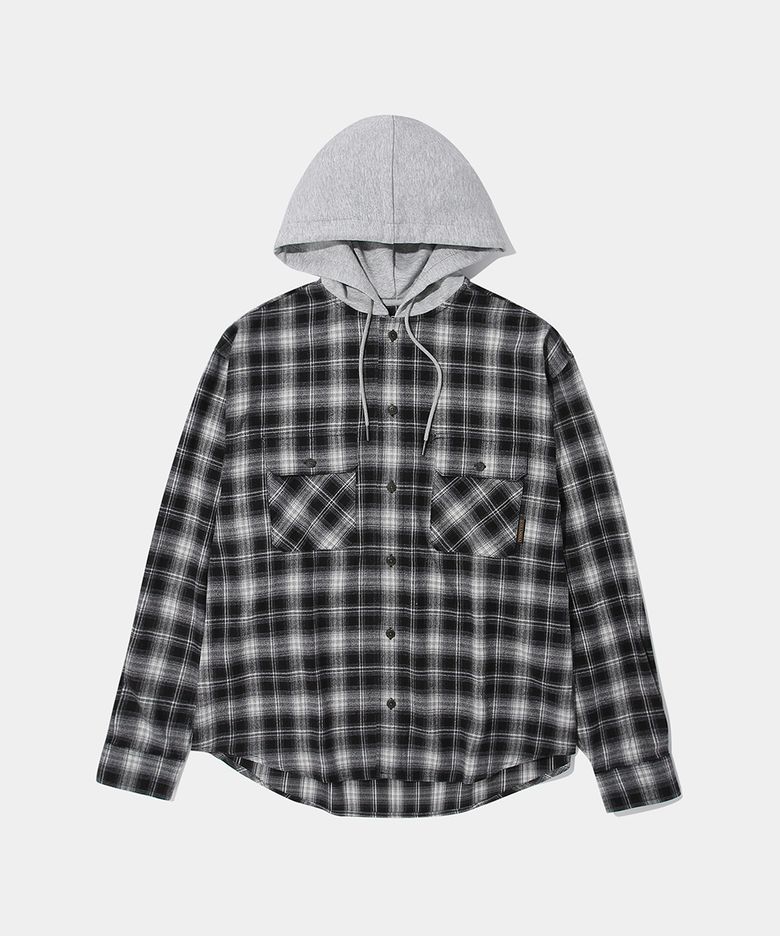 FLANNEL CHECK LAYERED HOOD SHIRT_BLACK