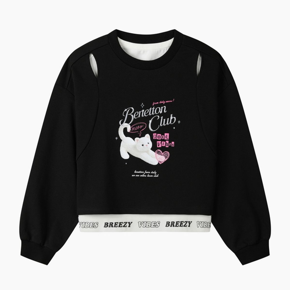 베네통키즈(BENETTONKIDS) 레이어드 컷팅 캣 맨투맨_QAMT09641BK