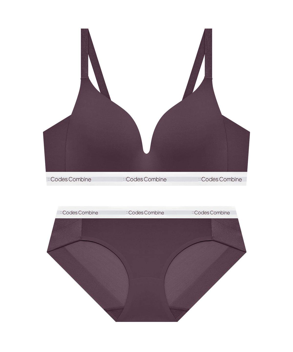 코데즈컴바인 이너웨어(CODES COMBINE INNERWEAR) 쉘론 트라이앵글 퓨징 노와이어 브라 햄팬티 세트_딥퍼플