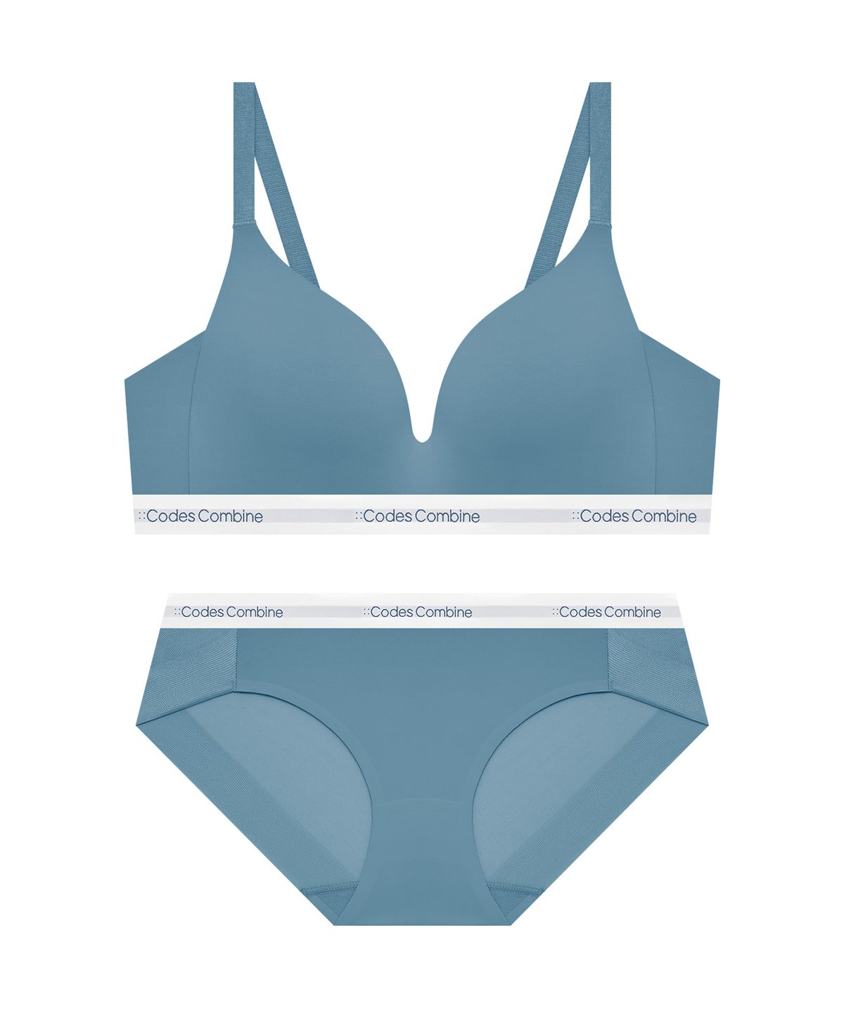 코데즈컴바인 이너웨어(CODES COMBINE INNERWEAR) 쉘론 트라이앵글 퓨징 노와이어 브라 햄팬티 세트_딥블루
