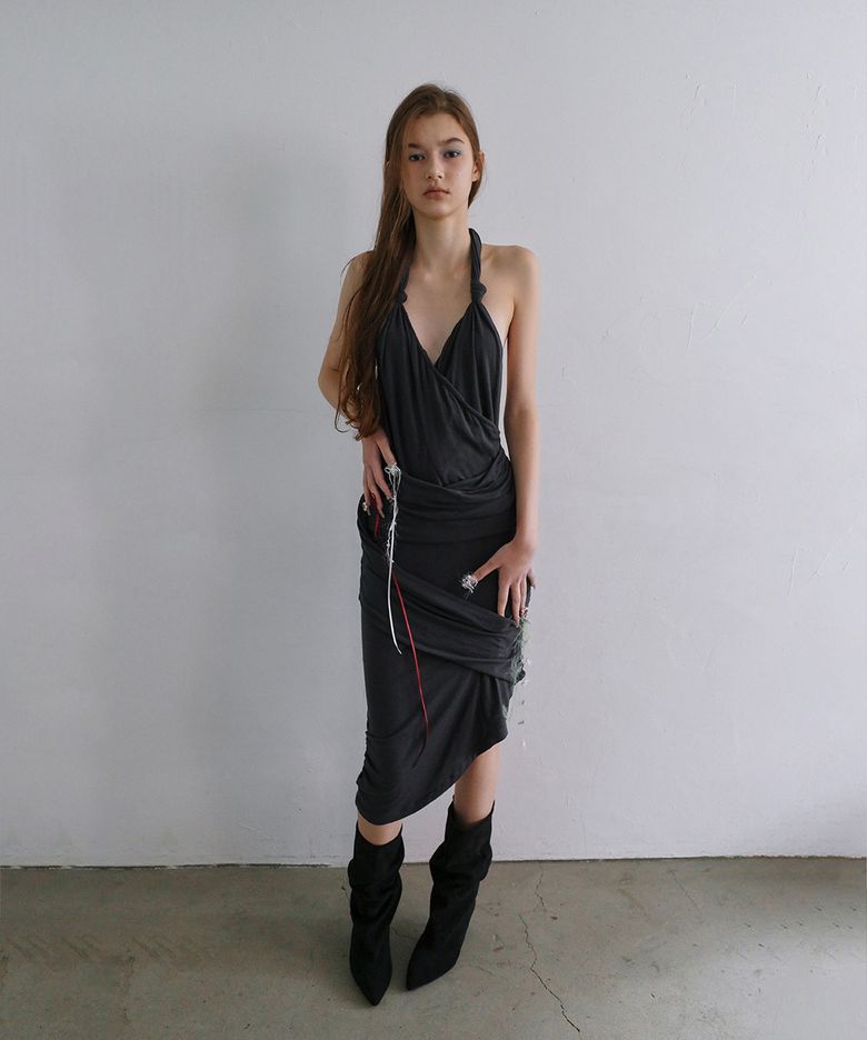 Draped Halter Dress, Charcoal