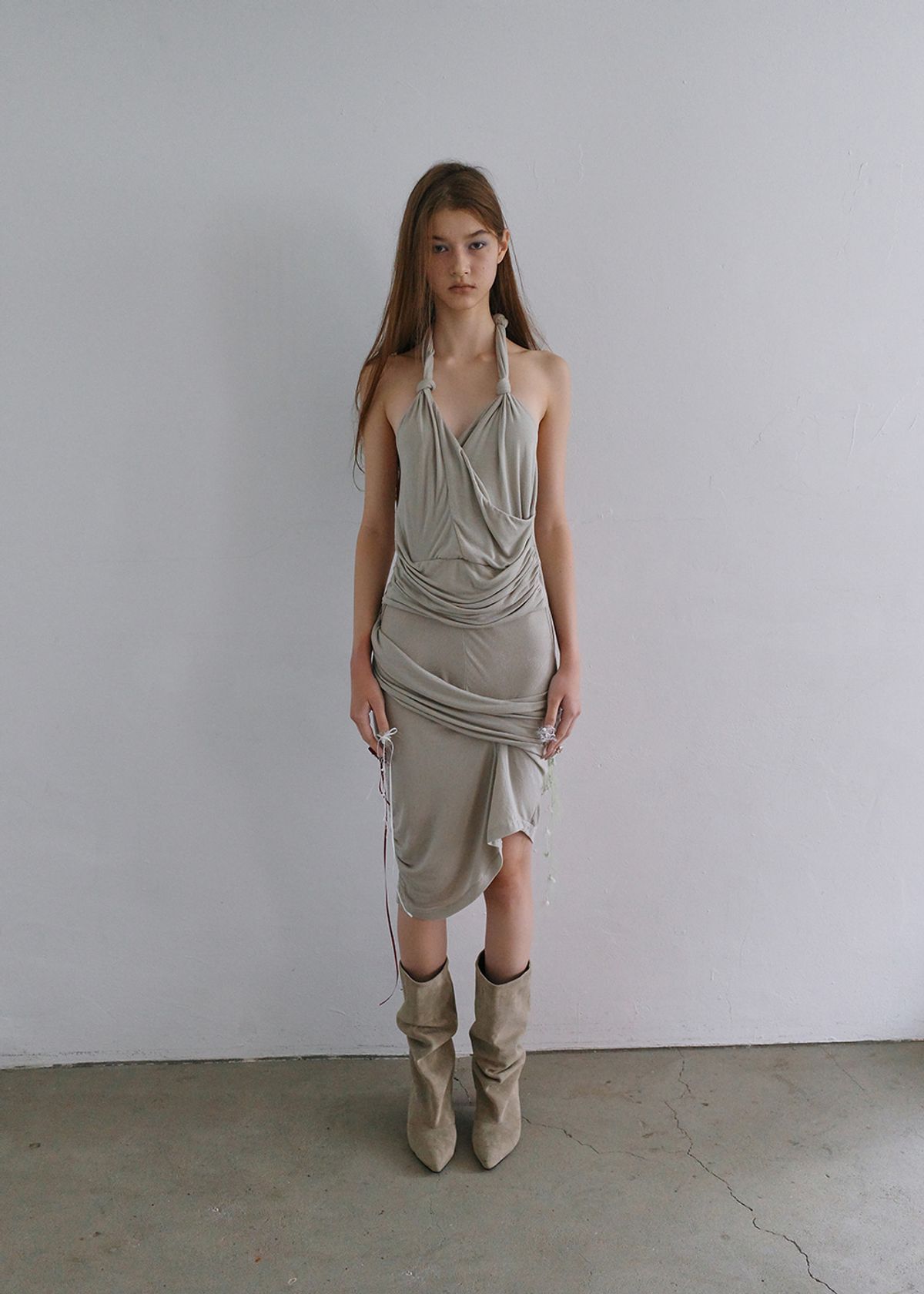 필세(PHILCE) Draped Halter Dress, Beige