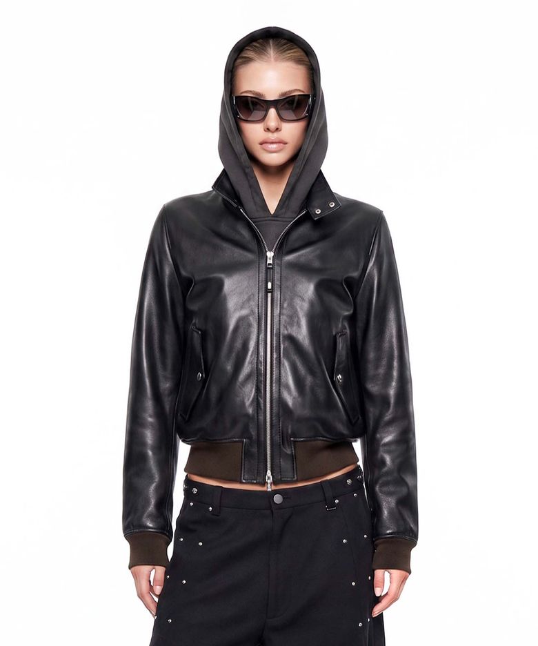 Leather High-Neck Jacket - Black
