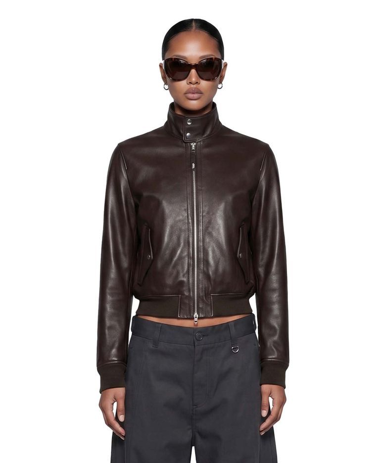 Leather High-Neck Jacket - Brown