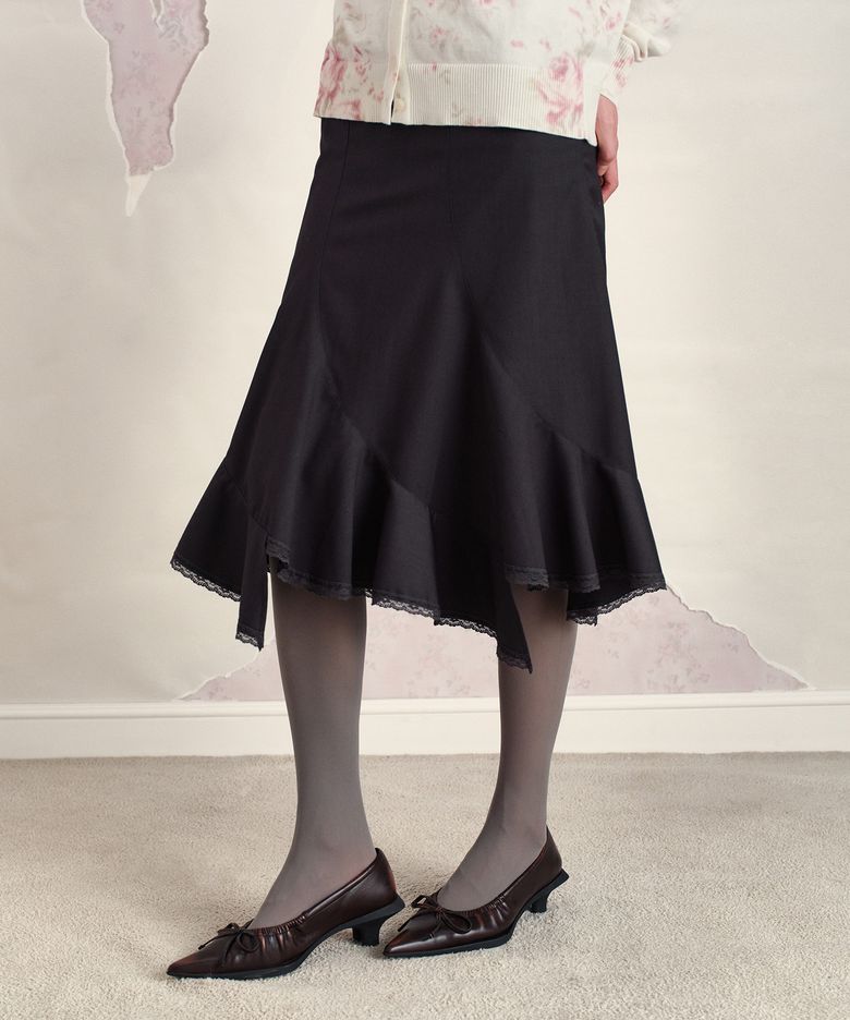 ASYMMETRIC LACE MIDI SKIRT, CHARCOAL