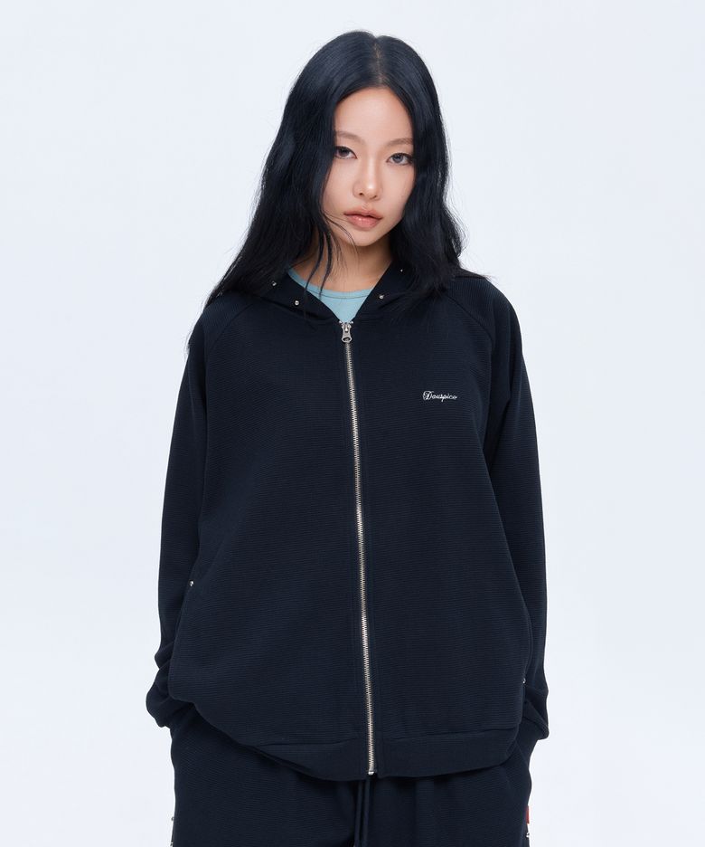 (DUC) Waffle Relaxed Fit Zip-up Hoodie Black