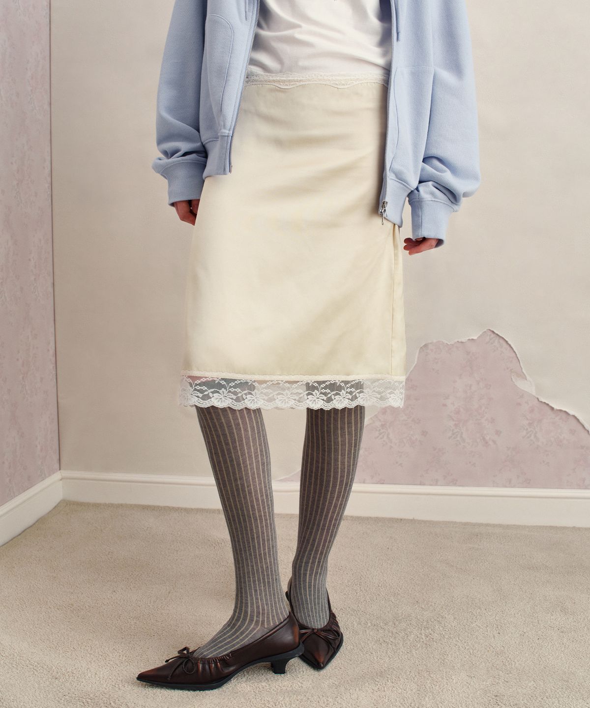 썬번프로젝트(SUNBURNPROJECT) SILKY LACE BANDING MIDI SKIRT, LEMON