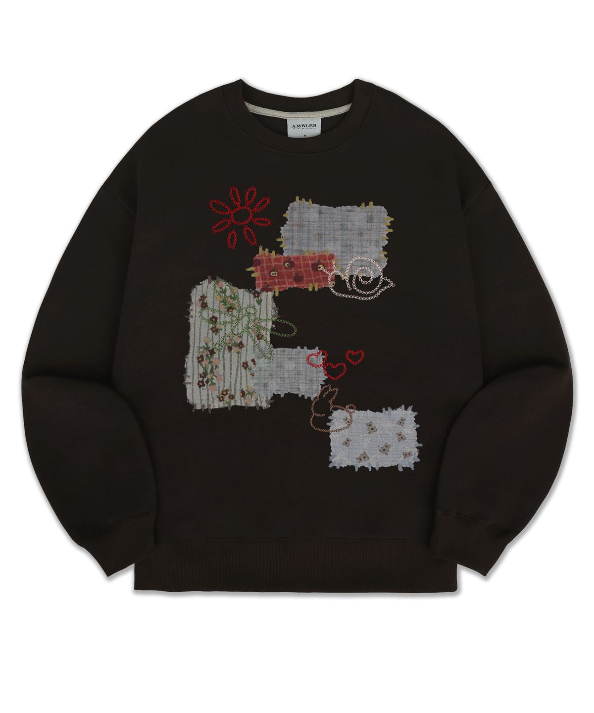 엠블러(AMBLER) Chain Stitched Vintage 자수 맨투맨 티셔츠 AMM1407 (다크브라운)