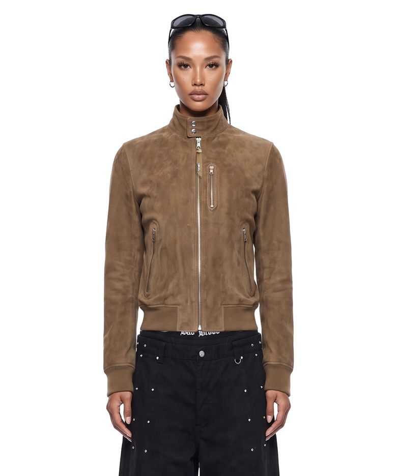 Arc Suede Contrast Bomber Jacket - Brown