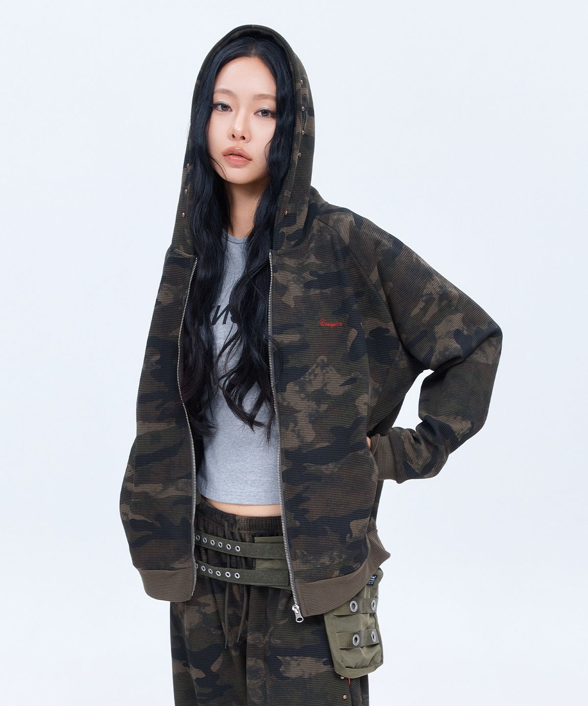 디오스피스(DAUSPICE) (DUC) Waffle Relaxed Fit Zip-up Hoodie Camo