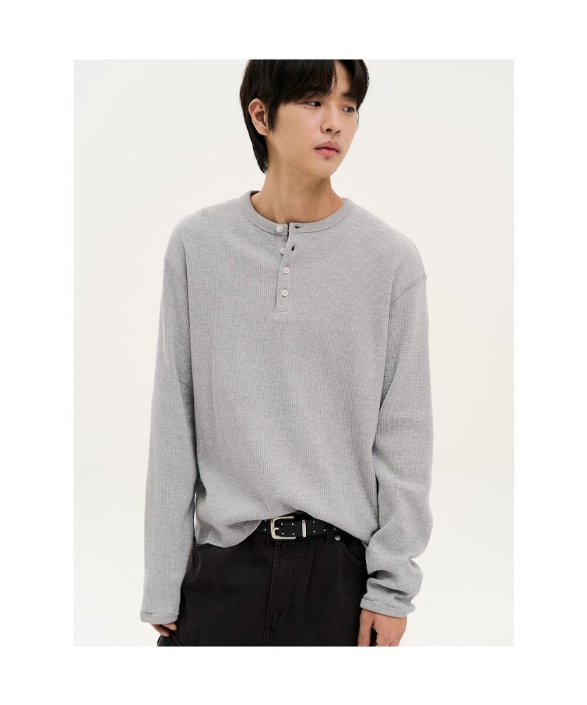 에잇세컨즈(8SECONDS) 데일리 와플 헨리넥 긴소매 티  그레이