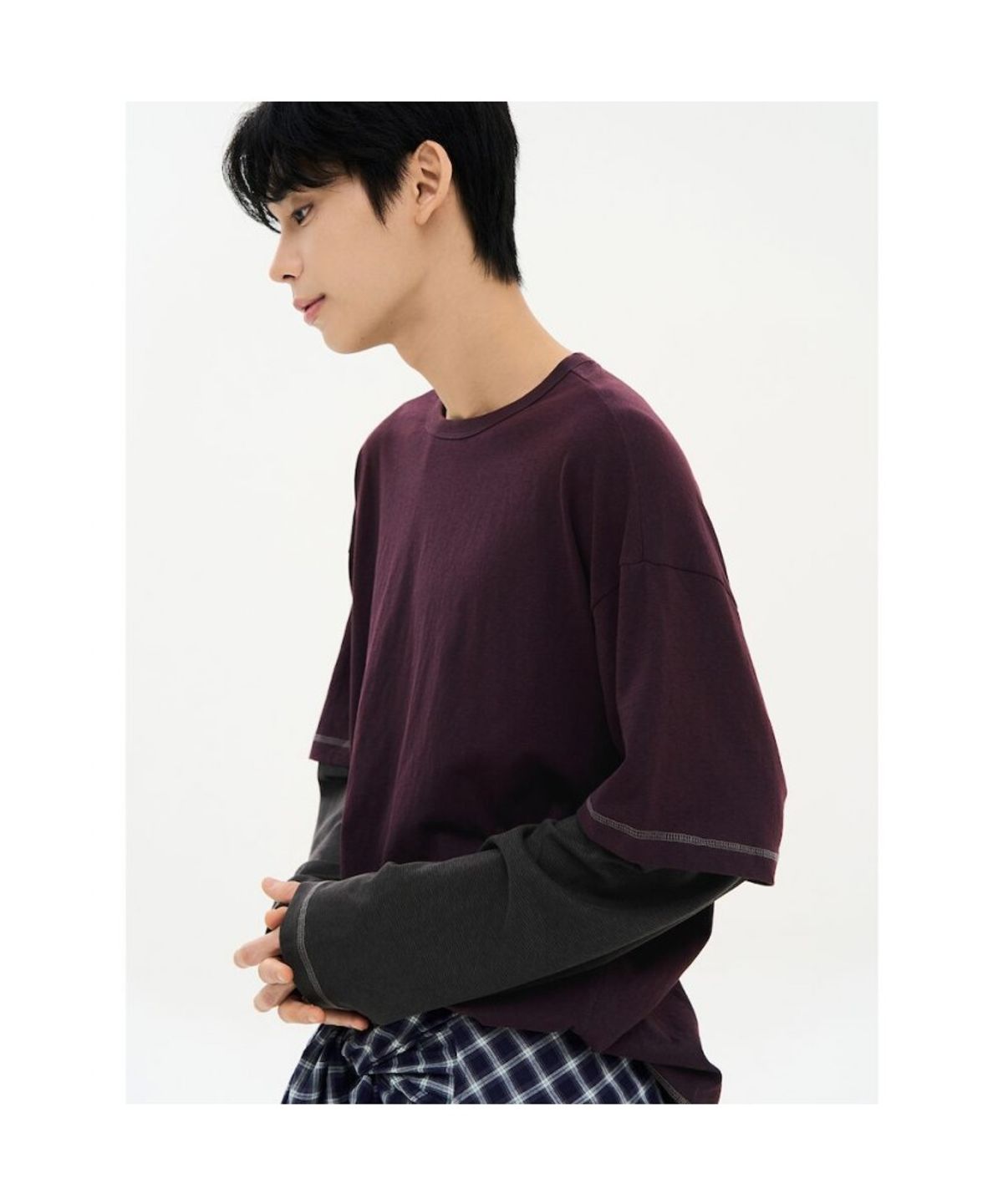 에잇세컨즈(8SECONDS) 컬러블록 레이어드 티셔츠  퍼플