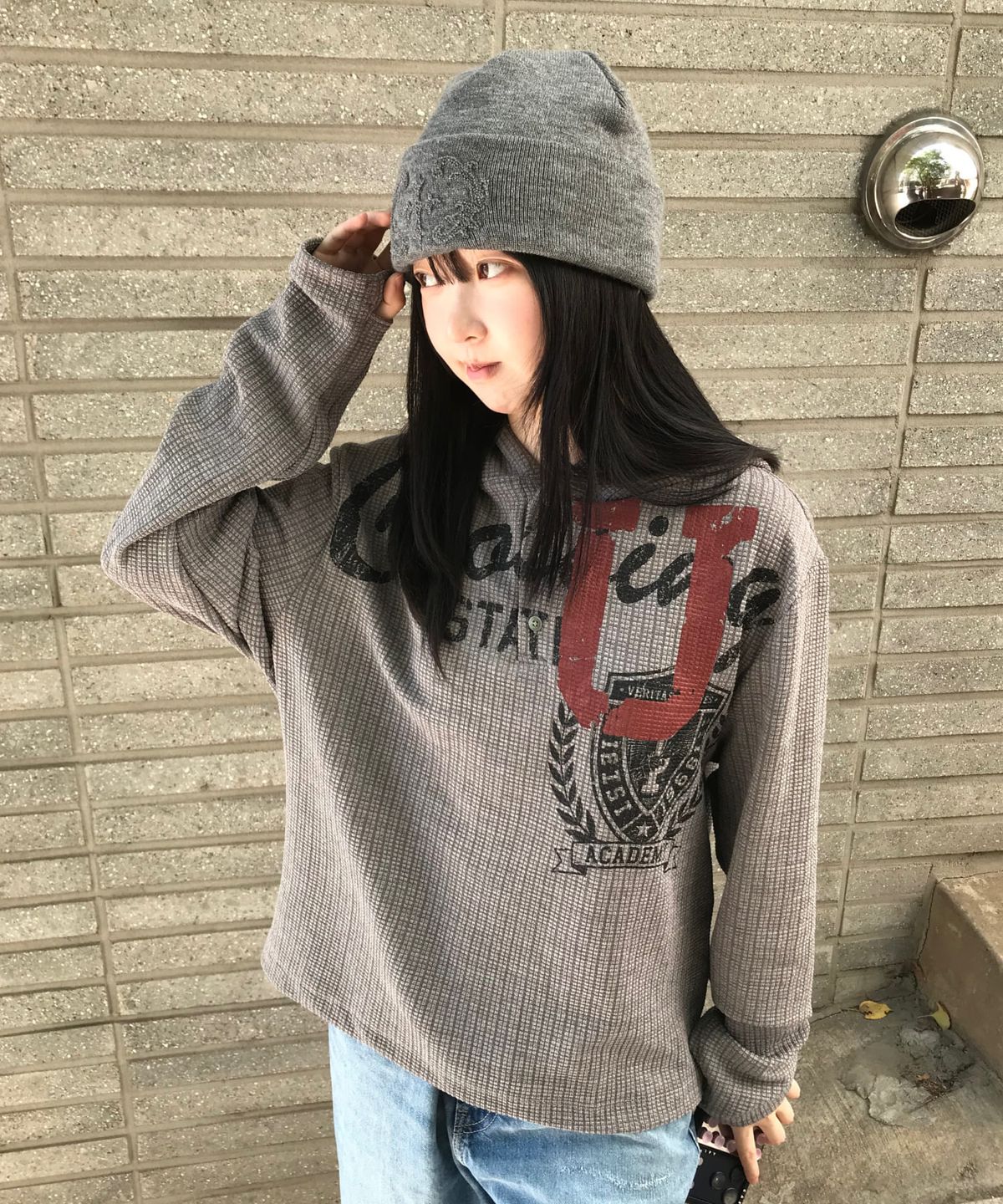 아이돈워너셀(IDWS) Emblem Henley Neck Hoodie Gray