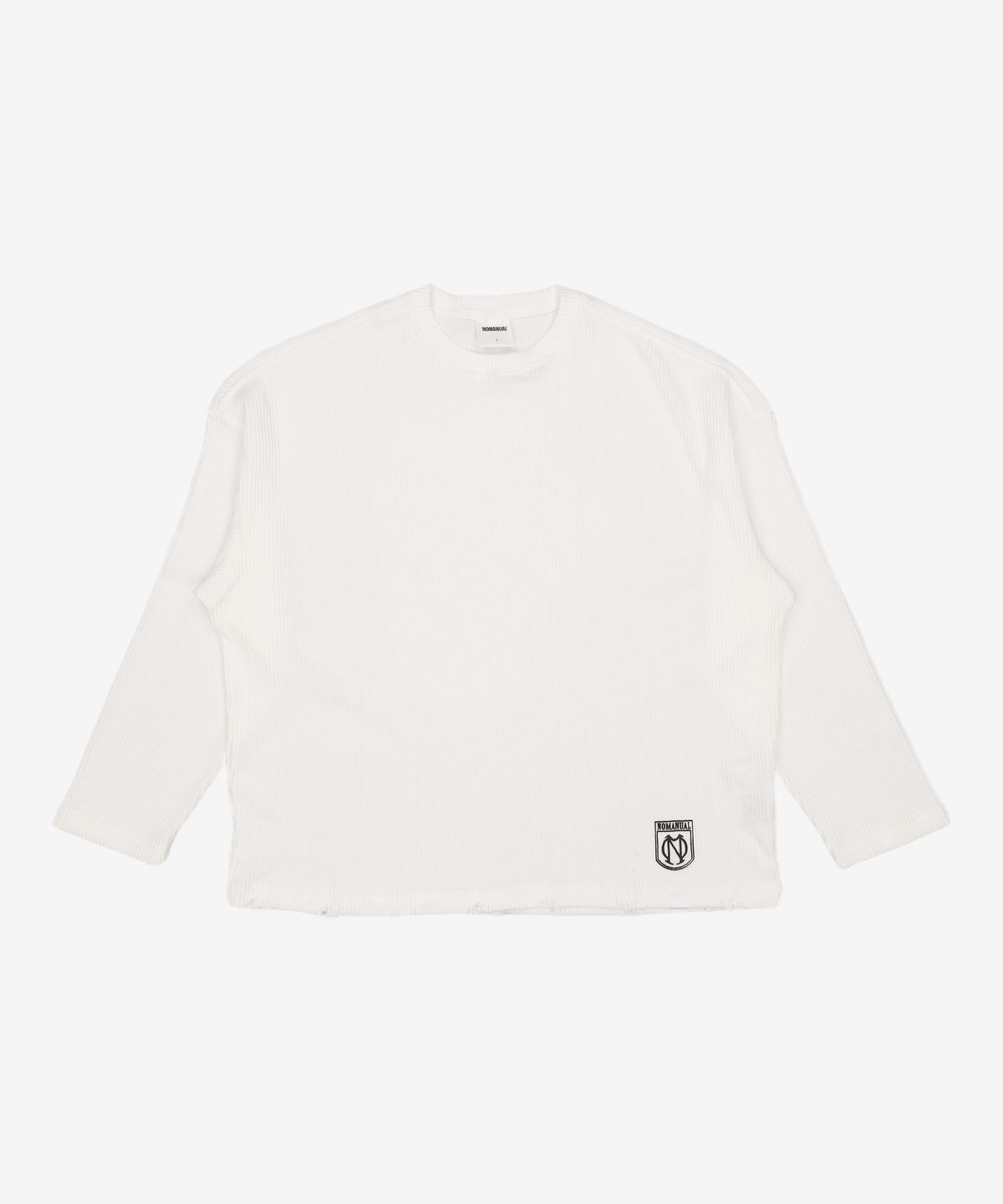 노매뉴얼(NOMANUAL) EMBLEM DAMAGED KNIT LONG SLEEVE TEE - WHITE 100