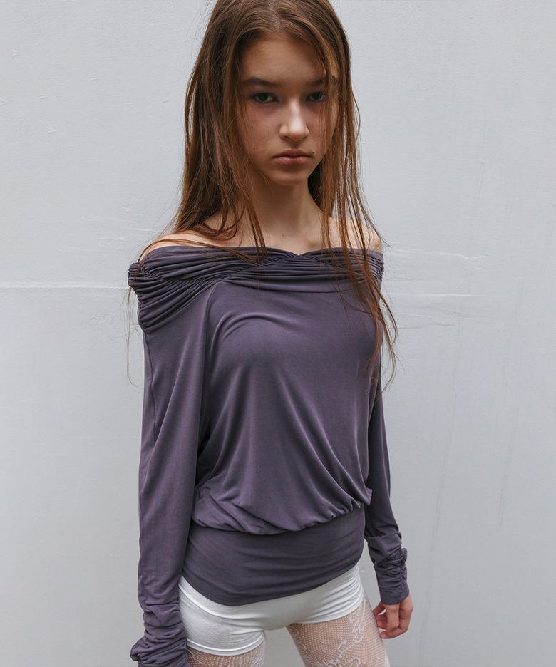 Shirring Off-Shoulder Long sleeve, Charcoal