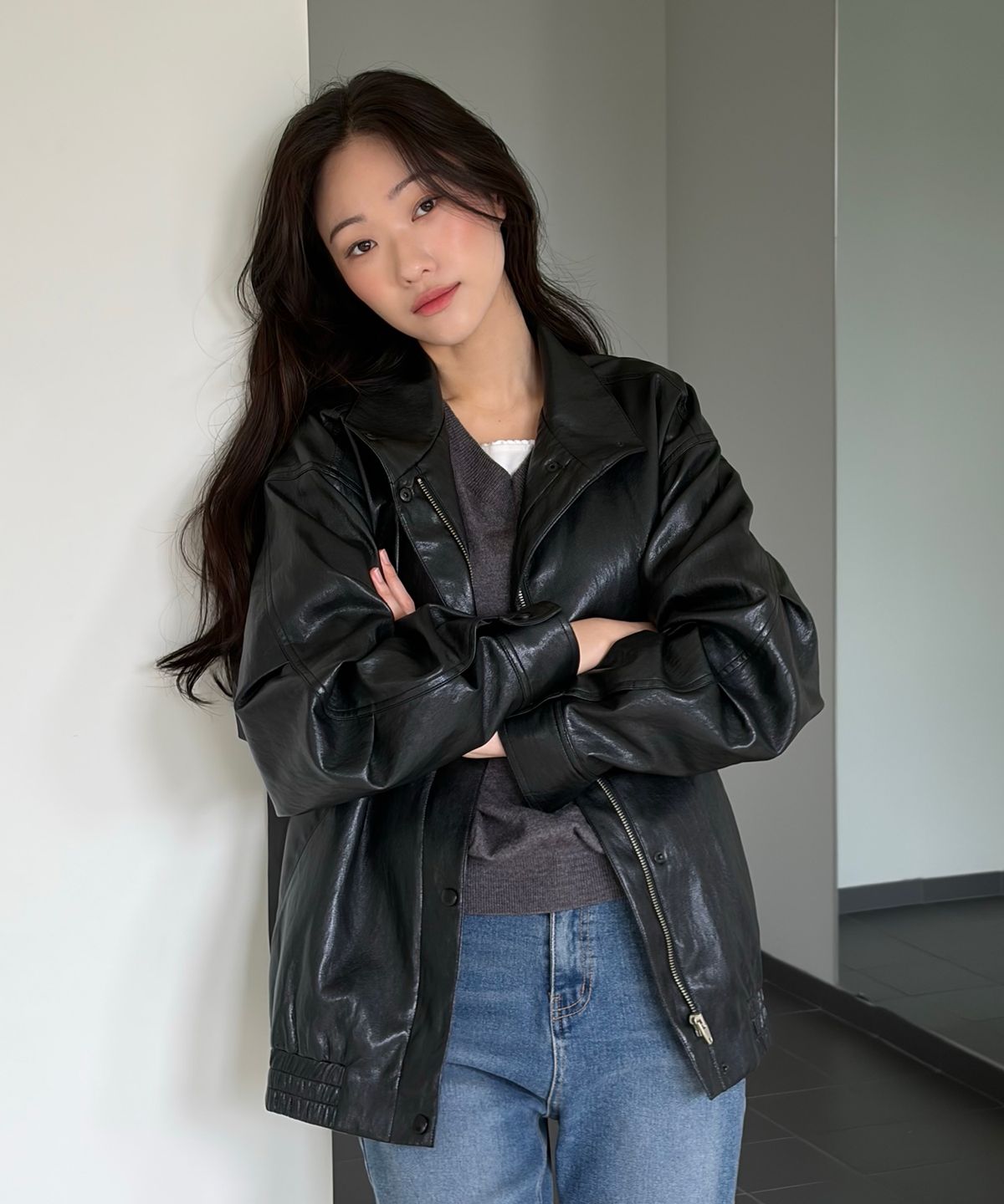 제로스트릿(ZEROSTREET) 르제로 하이넥 레더 블루종 자켓 / 블랙