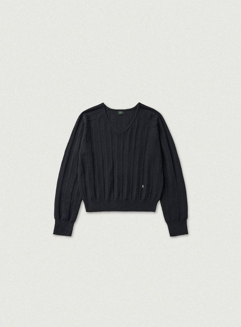 Veil Mohair Pointelle V-neck Knit_Charcoal