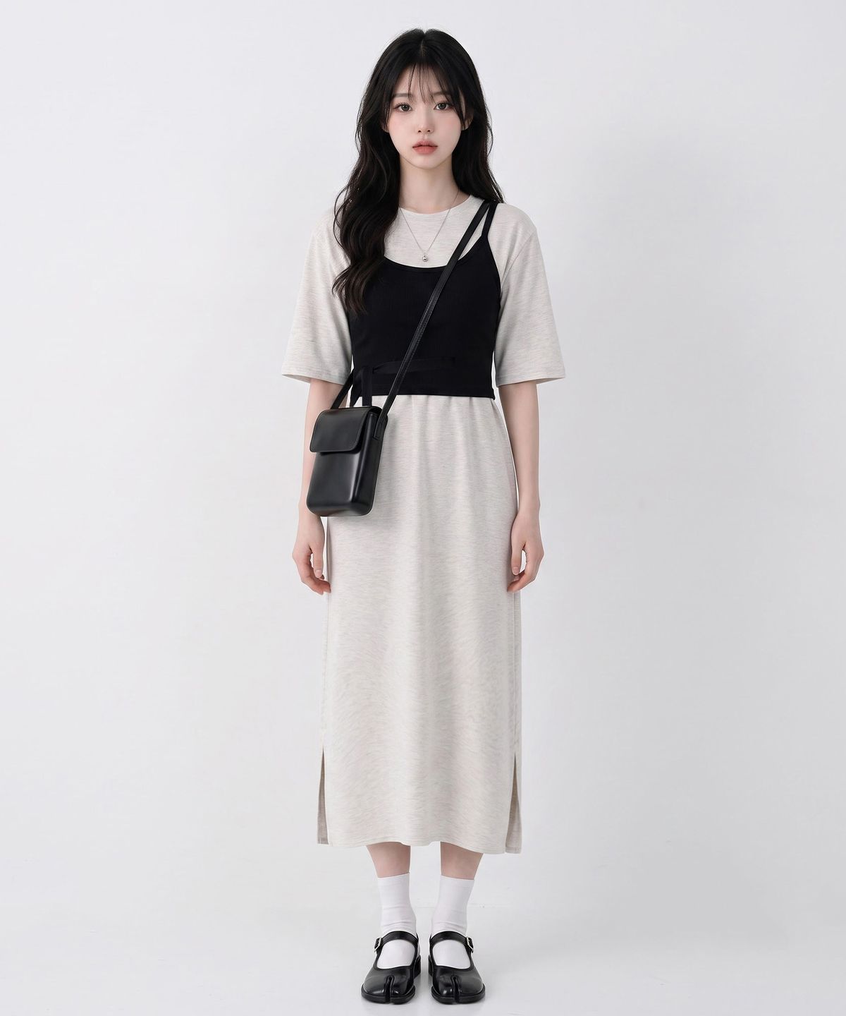 메종니아트(MAISON DE NEART) [LONG DRESS] 반팔 라운드넥 옆트임 특양면 롱 원피스_(3color)
