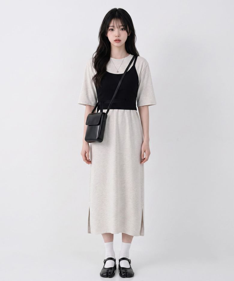 [LONG DRESS] 반팔 라운드넥 옆트임 특양면 롱 원피스_(3color)