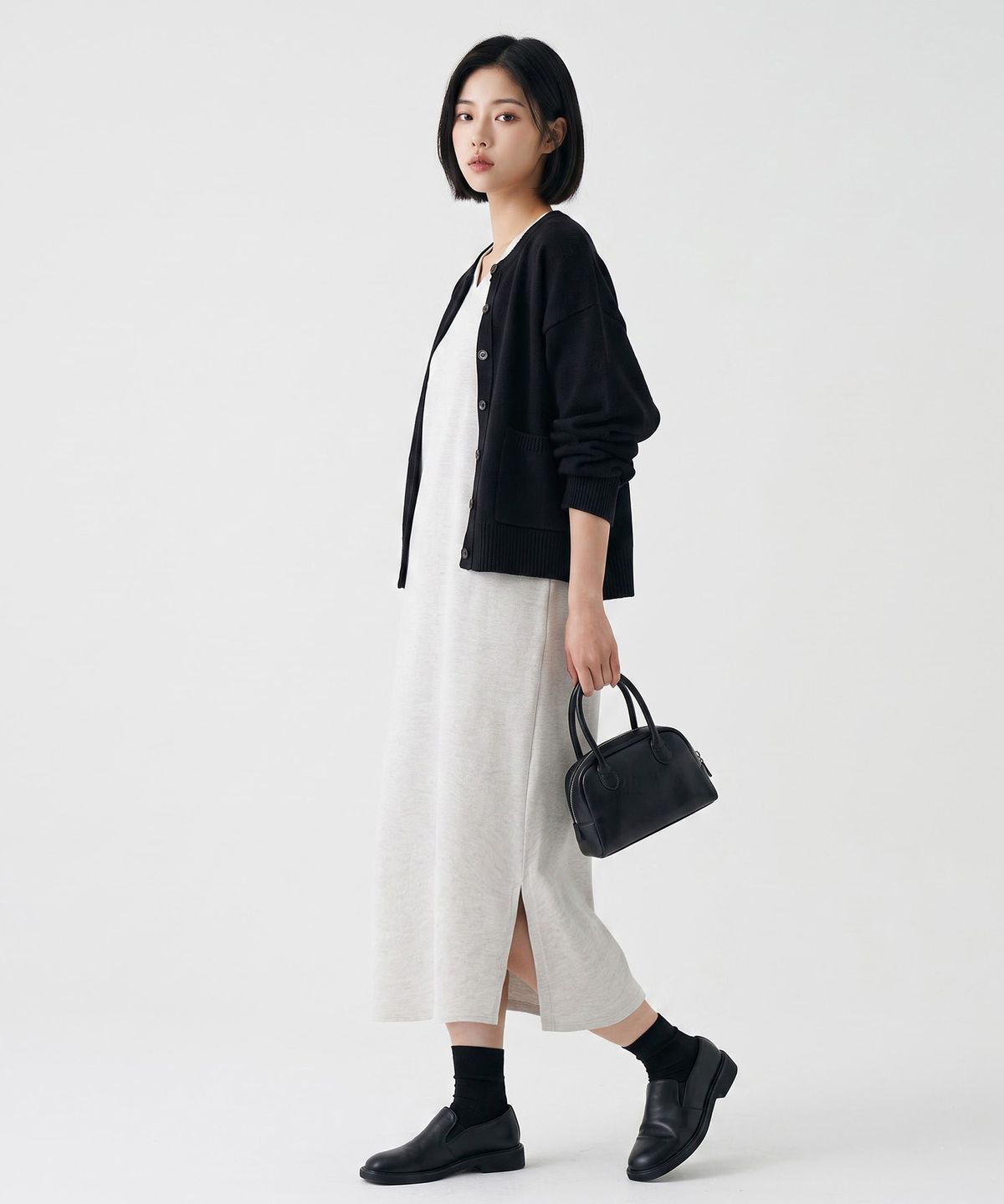 메종니아트(MAISON DE NEART) [LONG DRESS] 반팔 브이넥 옆트임 특양면 롱 원피스_(3color)