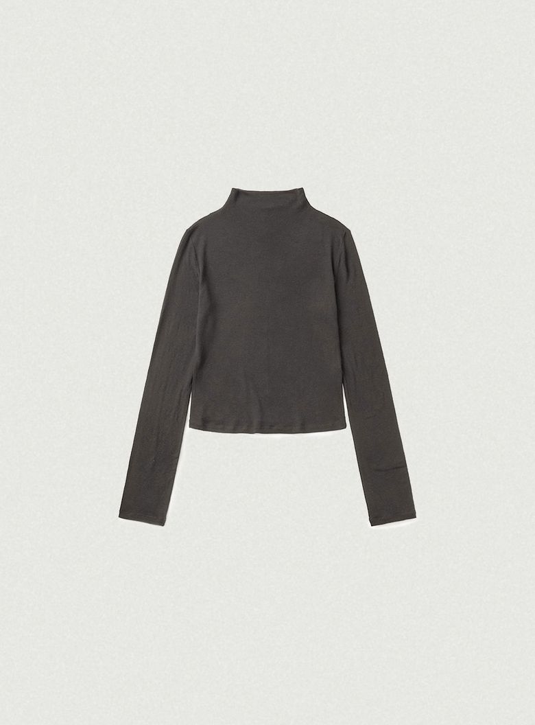 Wool Tencel Mock-Neck Long Sleeve T-Shirt_Charcoal