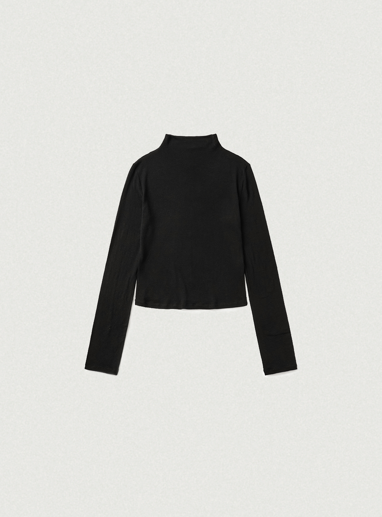 Wool Tencel Mock-Neck Long Sleeve T-Shirt_Black