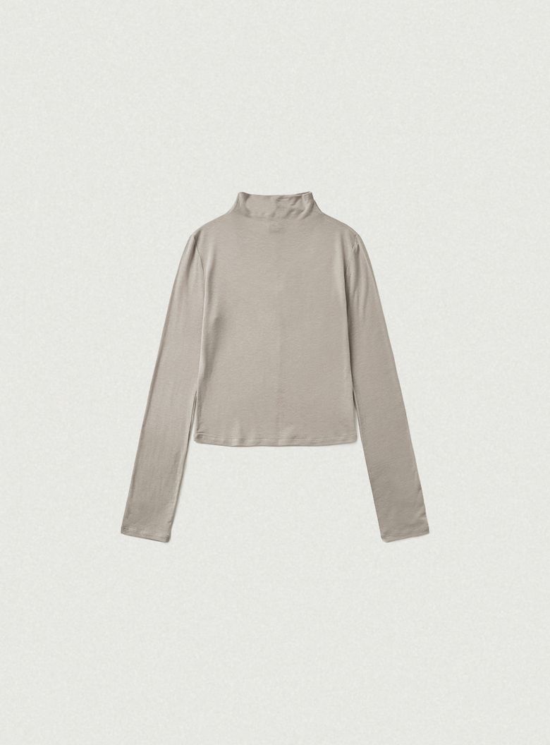 Wool Tencel Mock-Neck Long Sleeve T-Shirt_Beige