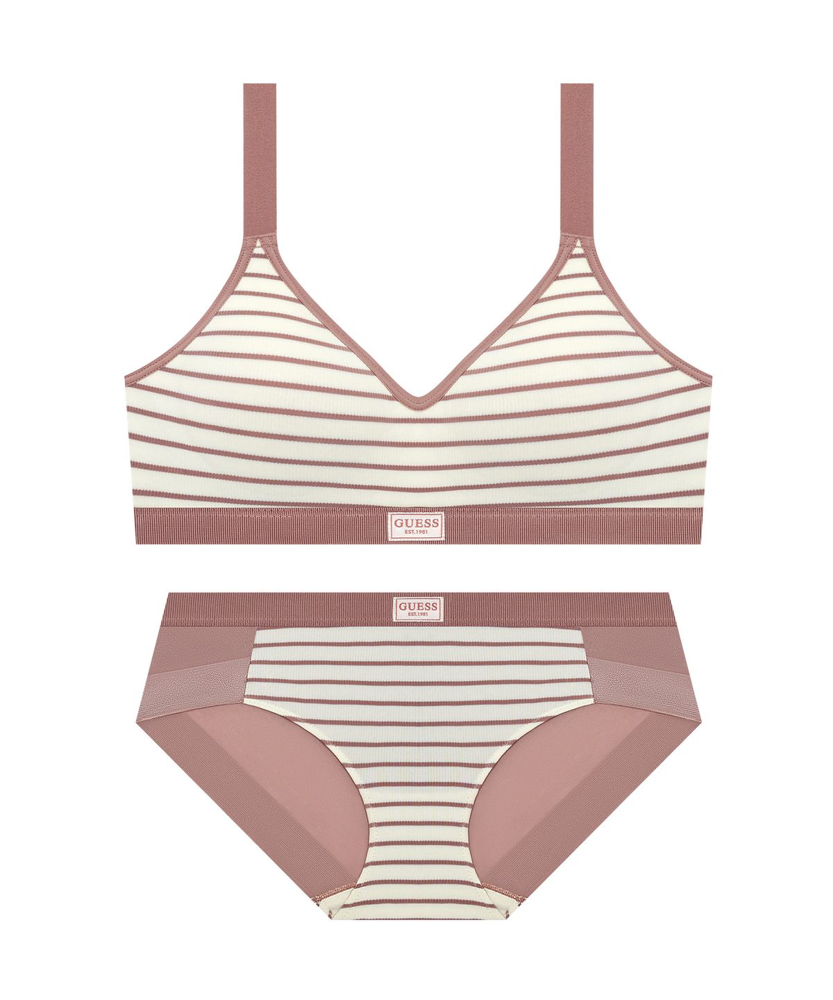 게스언더웨어(GUESS UNDERWEAR) 핀스트라이프 골지 스포츠 브라 팬티 세트 - 인디핑크