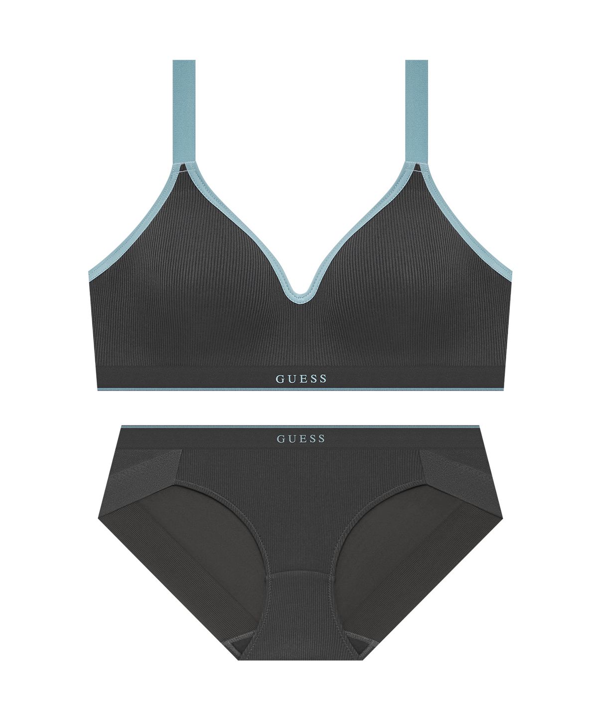 게스언더웨어(GUESS UNDERWEAR) 딥무드 골지 스포츠 브라 팬티 세트 - 차콜