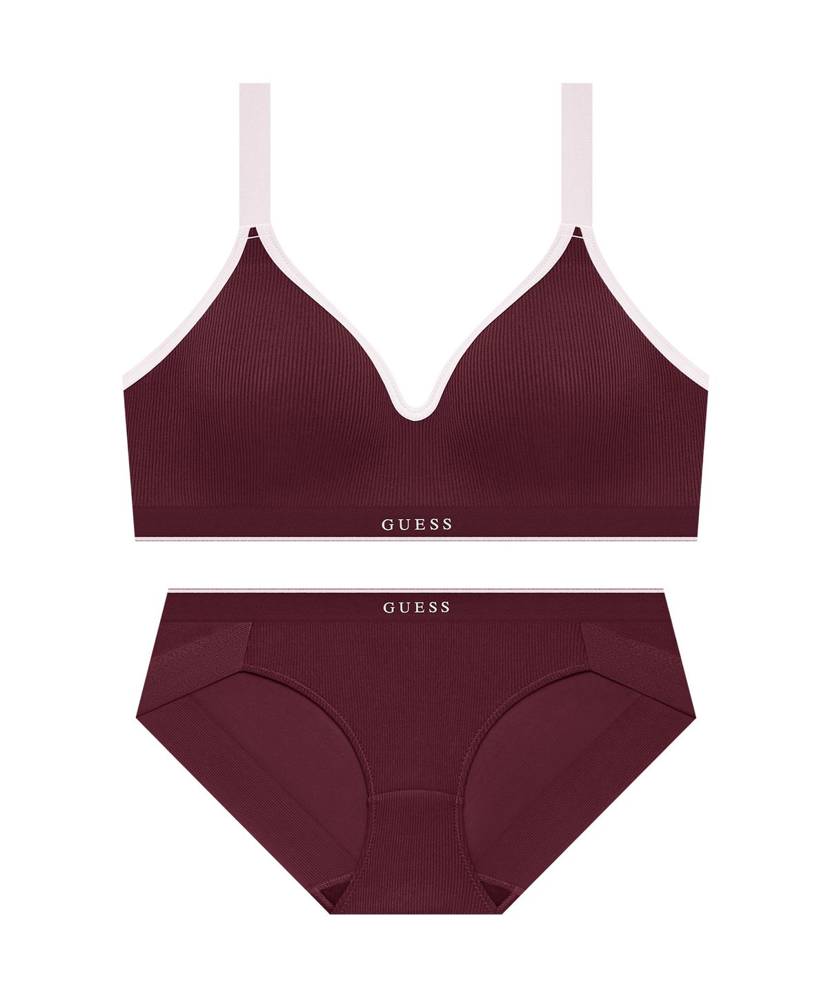 게스언더웨어(GUESS UNDERWEAR) 딥무드 골지 스포츠 브라 팬티 세트 - 와인