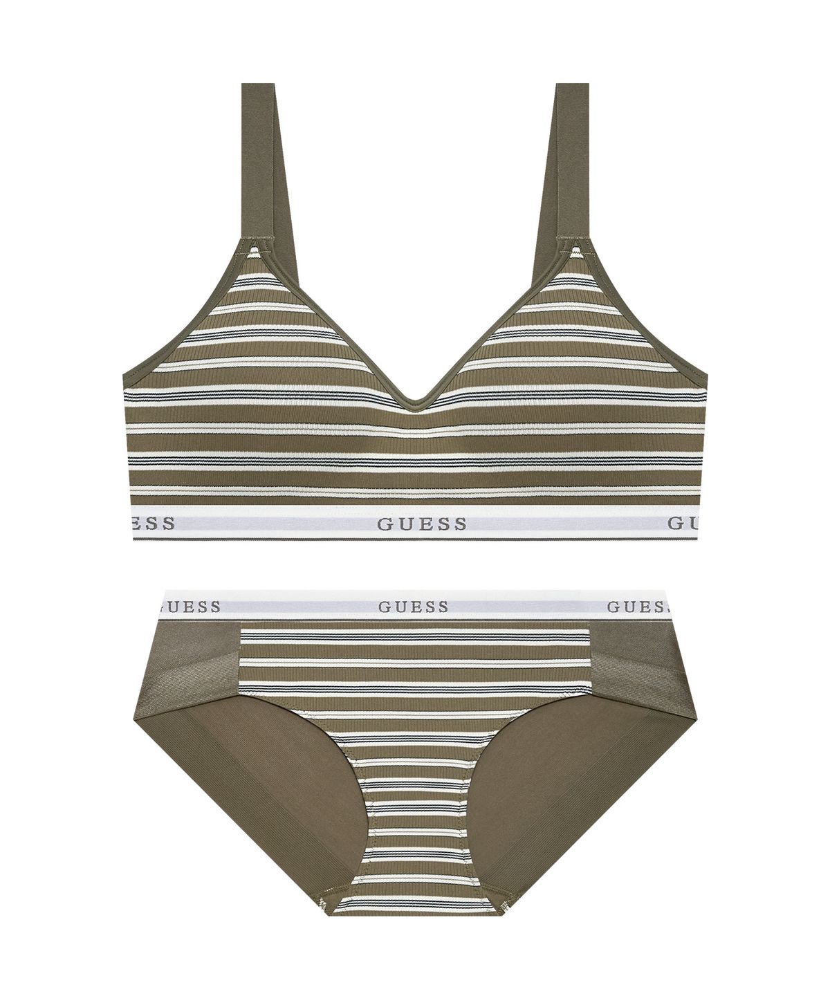 게스언더웨어(GUESS UNDERWEAR) 스트라이프 골지 노와이어 브라 팬티 세트 - 카키