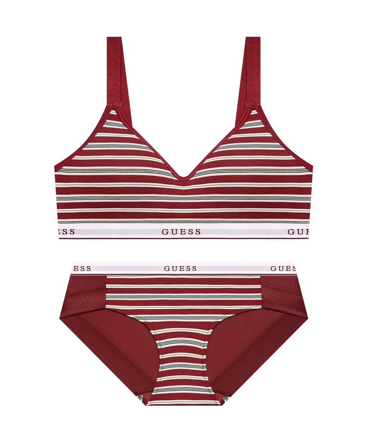 게스언더웨어(GUESS UNDERWEAR) 스트라이프 골지 노와이어 브라 팬티 세트 - 버건디