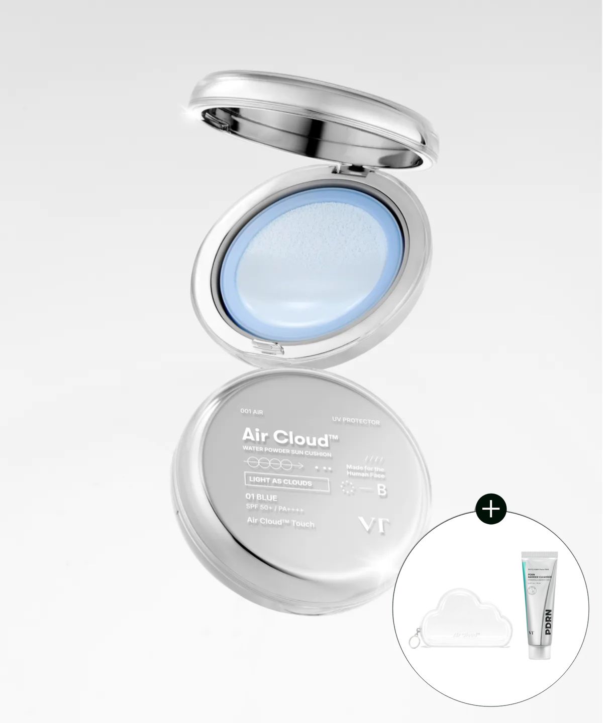 브이티코스메틱(VT COSMETICS) [2SET]VT 에어 클라우드 워터 파우더 선 쿠션 블루 (+구름 파우치,피디알엔 베리어 클렌저 50ml)