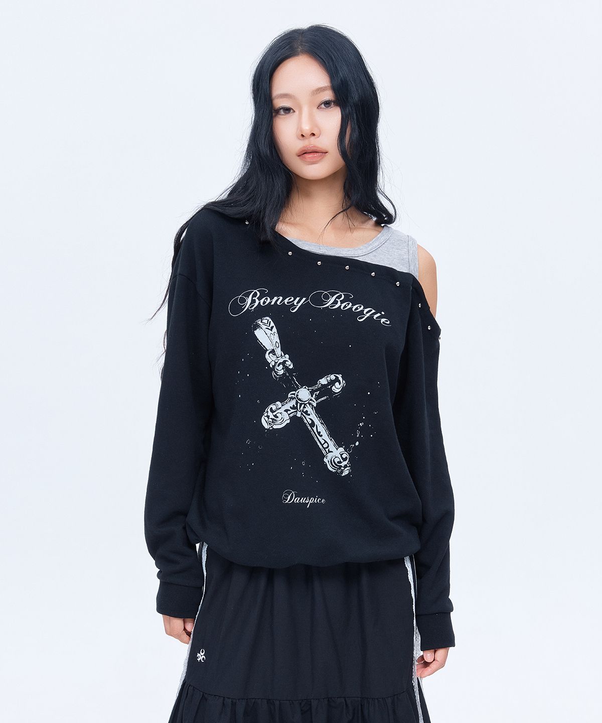 디오스피스(DAUSPICE) (DUC) BB Layered One-Shoulder Sweatshirt Black
