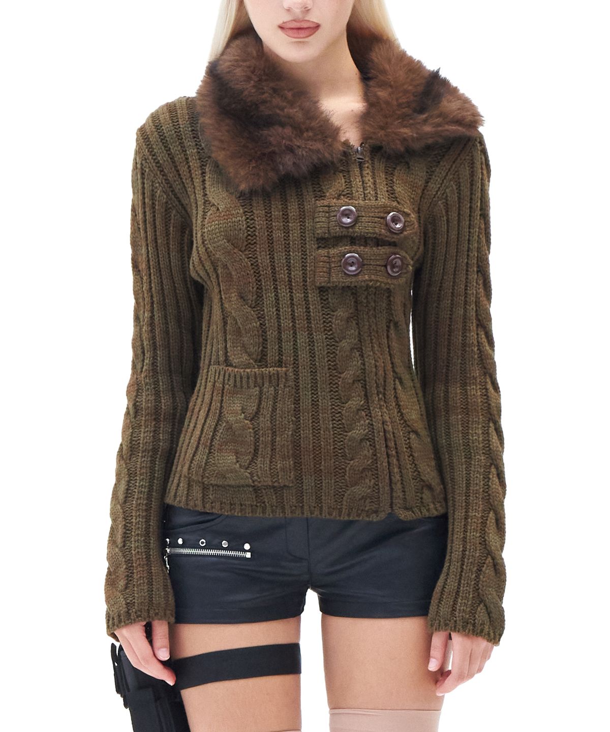 힐다(HILLDA) Fur Collar Trail Knit Zip-up [Khaki]