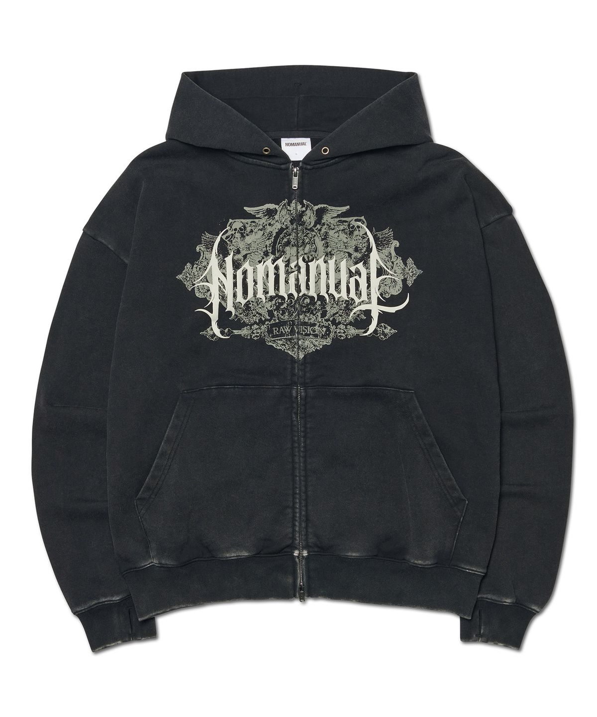 노매뉴얼(NOMANUAL) DARK CREST HOODED ZIP-UP - WASHED BLACK