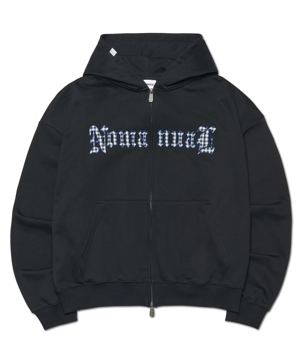 노매뉴얼(NOMANUAL) GOTHIC CHECK PATCH HOODED ZIP-UP - BLACK