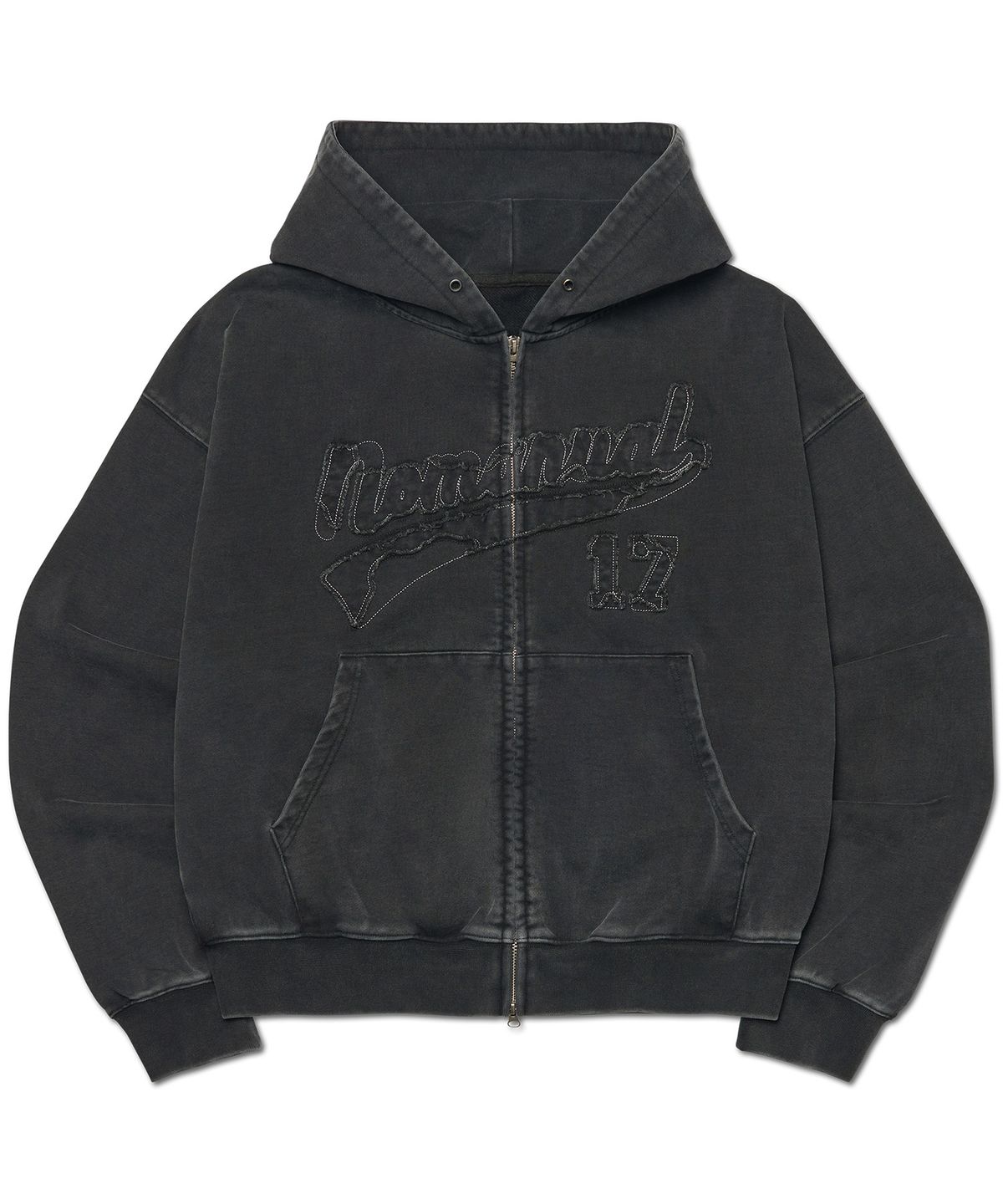 노매뉴얼(NOMANUAL) APPLIQUE HOODED ZIP-UP - WASHED BLACK