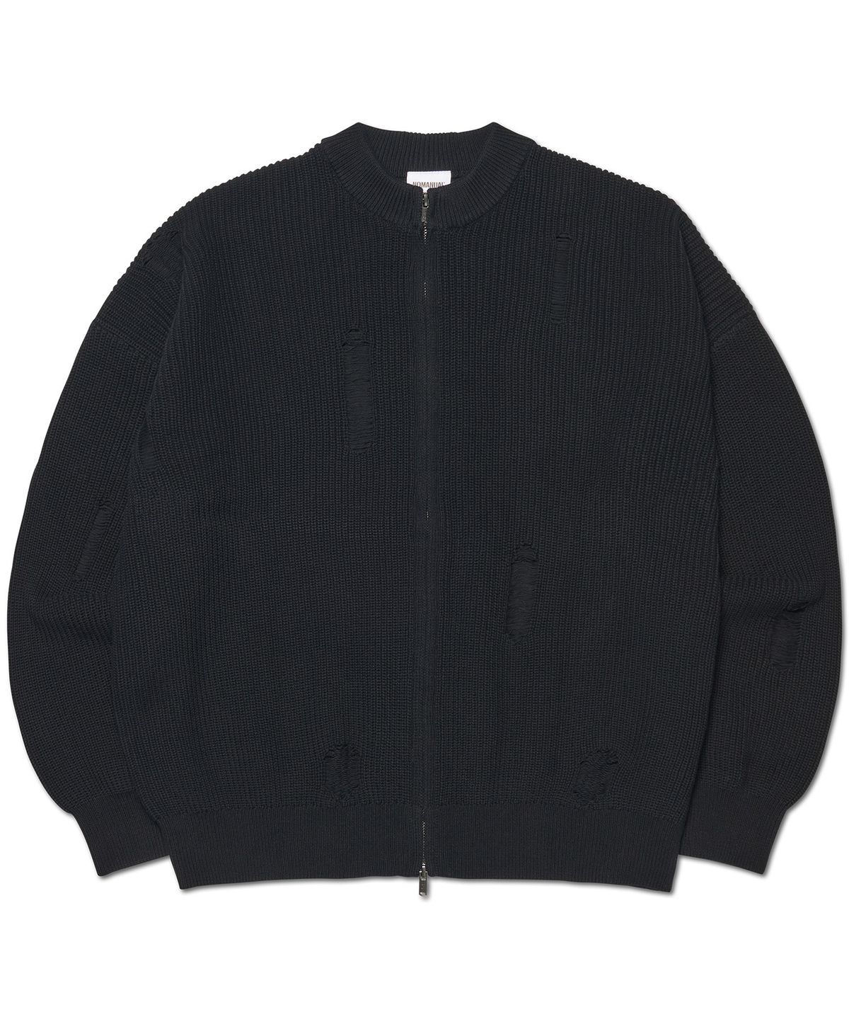 노매뉴얼(NOMANUAL) DESTROYED KNIT ZIP-UP - BLACK