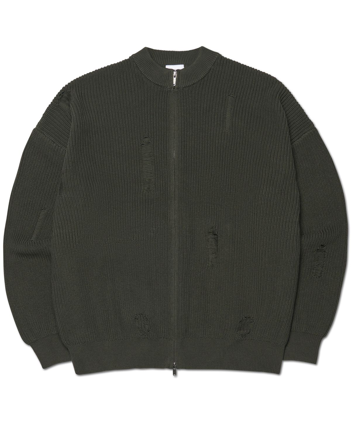 노매뉴얼(NOMANUAL) DESTROYED KNIT ZIP-UP - KHAKI
